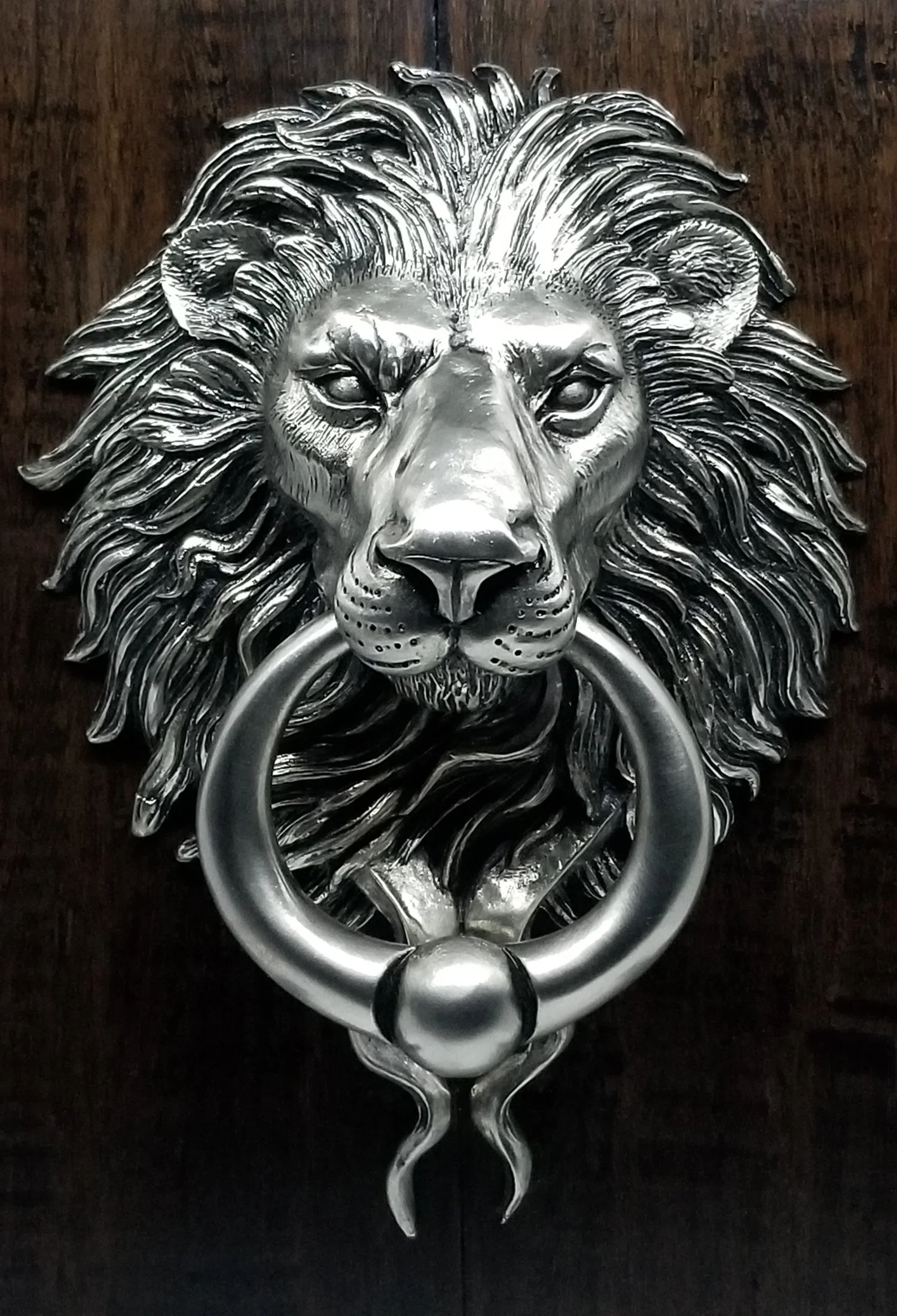 Lion Door Knocker Satin Nickel Finish (Medium) — Karl Deen Sculpture